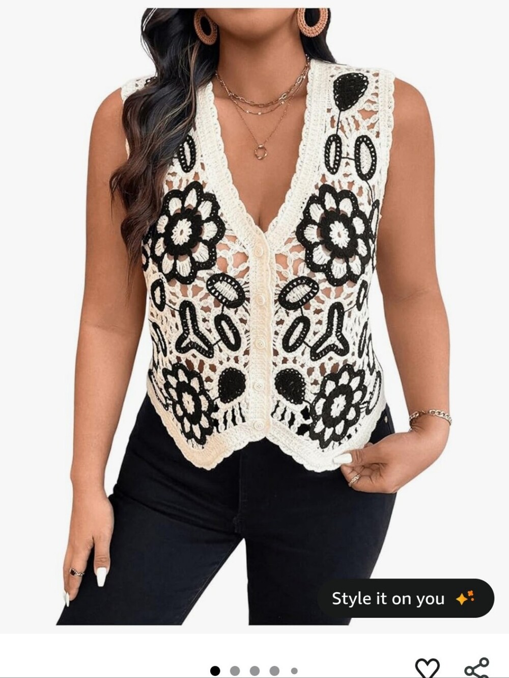 Crochet Floral Button-Front Vest - Ivory with Black Accents Size 3XL